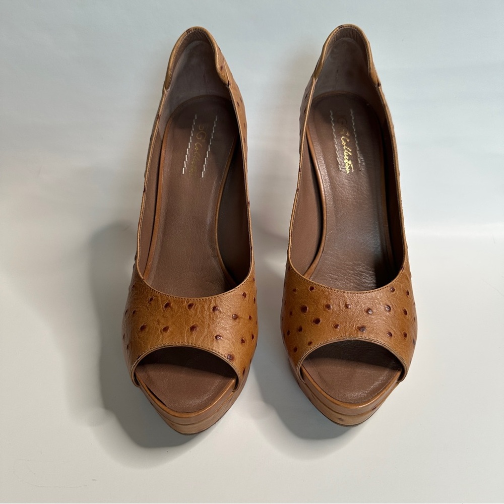 UGG Collection cognac Peep-Toe Ostrich Leather Heels, size US 9.5